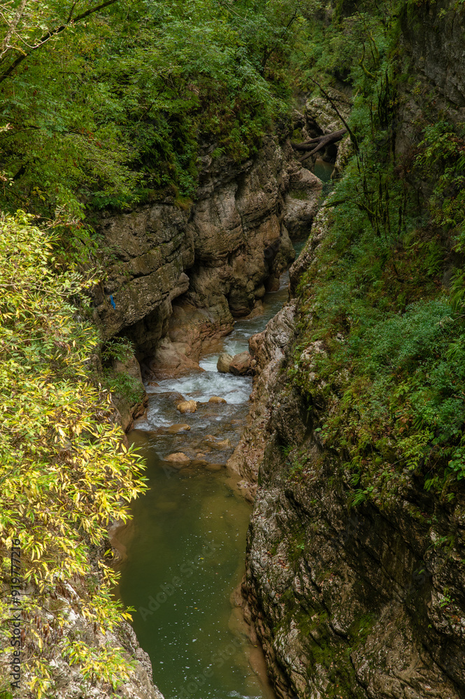 Mountain river with transparent foamy water and rocky bottom Mountain river with transparent foamy water and rocky bottom
