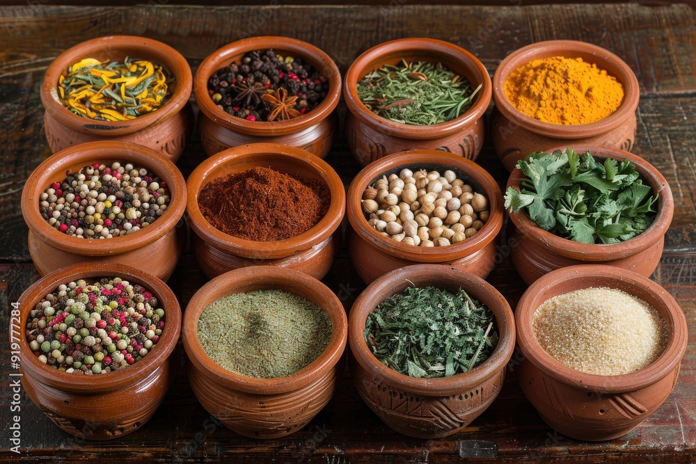 Assortment of spices in small clay pots on rustic wooden background. Assortment of spices in small clay pots on rustic wooden background.