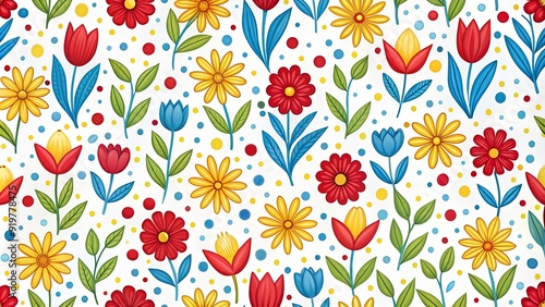 Playful Seamless Pattern Featuring Stylized Daisies and Vibrant Colors, Perfect for Youthful Decor