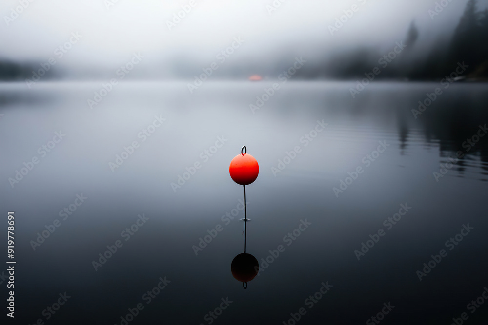 Red buoy on a calm misty lake, reflection in the water. Generated by AI. Red buoy on a calm misty lake, reflection in the water. Generated by AI.