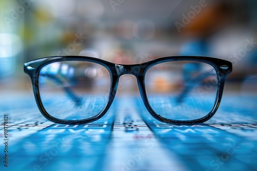 Black framed eyeglasses on a blue and white patterned surface.