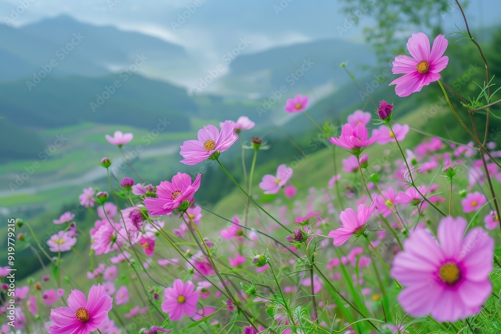 Pink Family in Spring: Garden Cosmos Flowers Blooming on Green Hill Pink Family in Spring: Garden Cosmos Flowers Blooming on Green Hill