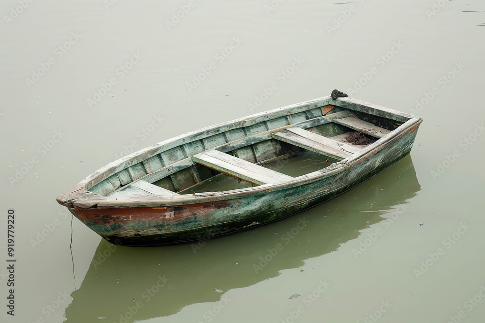 A weathered wooden boat, green and worn, floats on a calm lake. Generated by AI. A weathered wooden boat, green and worn, floats on a calm lake. Generated by AI.