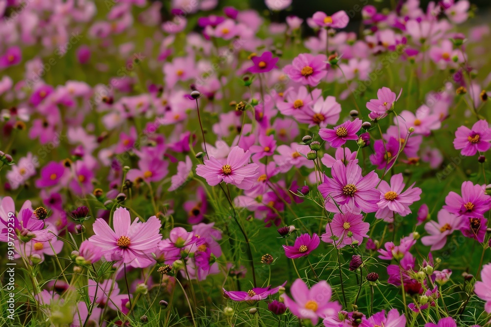 Obraz premium Pink Family in Spring: Garden Cosmos Flowers Blooming on Hillside Field