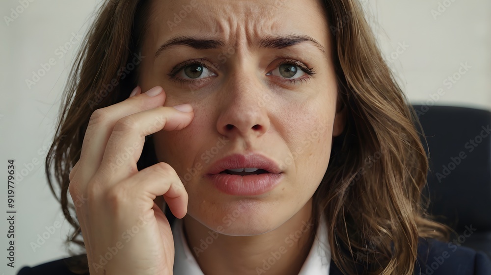 Closeup portrait of stressed business woman thoughtful expression, mental health concept Closeup portrait of stressed business woman thoughtful expression, mental health concept