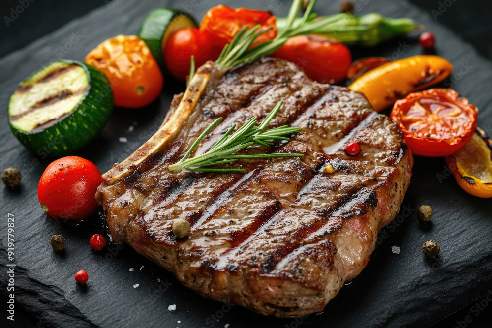 A juicy grilled steak with grill marks, served with roasted vegetables and herbs. A juicy grilled steak with grill marks, served with roasted vegetables and herbs.