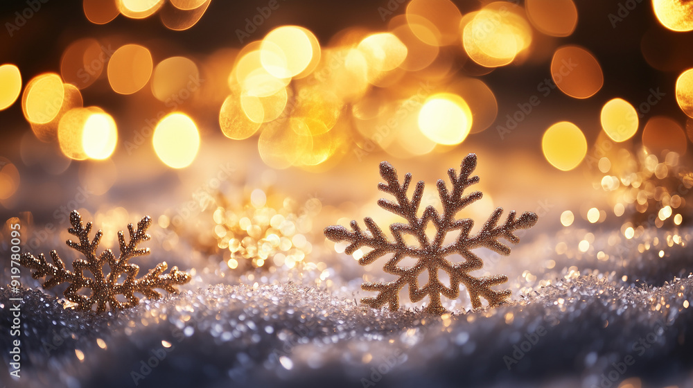 Sparkling warm light snow ornament on snow with festive yellow bokeh lights Sparkling warm light snow ornament on snow with festive yellow bokeh lights