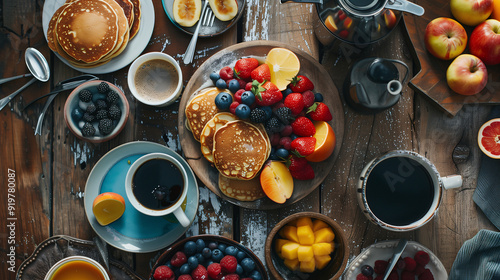 a gluten-free brunch spread, including almond flour pancakes, fresh fruit, and a pot of coffee, arranged on a rustic wooden table with natural light