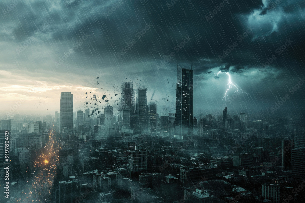 Fototapeta premium A hurricane striking a city skyline.