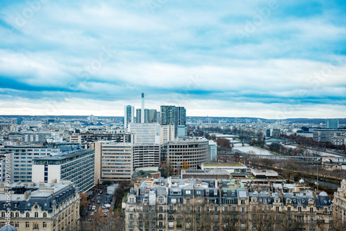 High-rise buildings dominate the Paris skyline at winter dusk