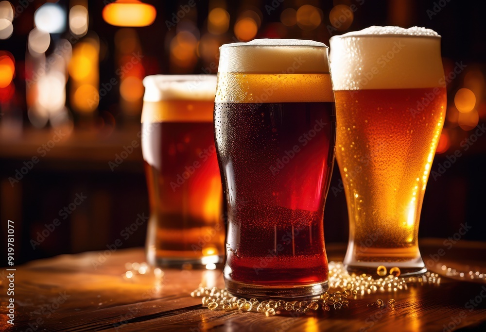 vibrant craft beer served unique glassware featuring frothy heads rich colors, amber, ale, artisan, beverage, bubbles, carbonation, chilled, craftsmanship