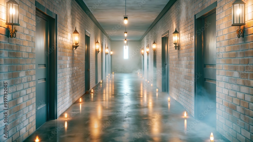 Fototapeta premium Dimly Lit Corridor with Lanterns and Candles, Mysterious Atmosphere