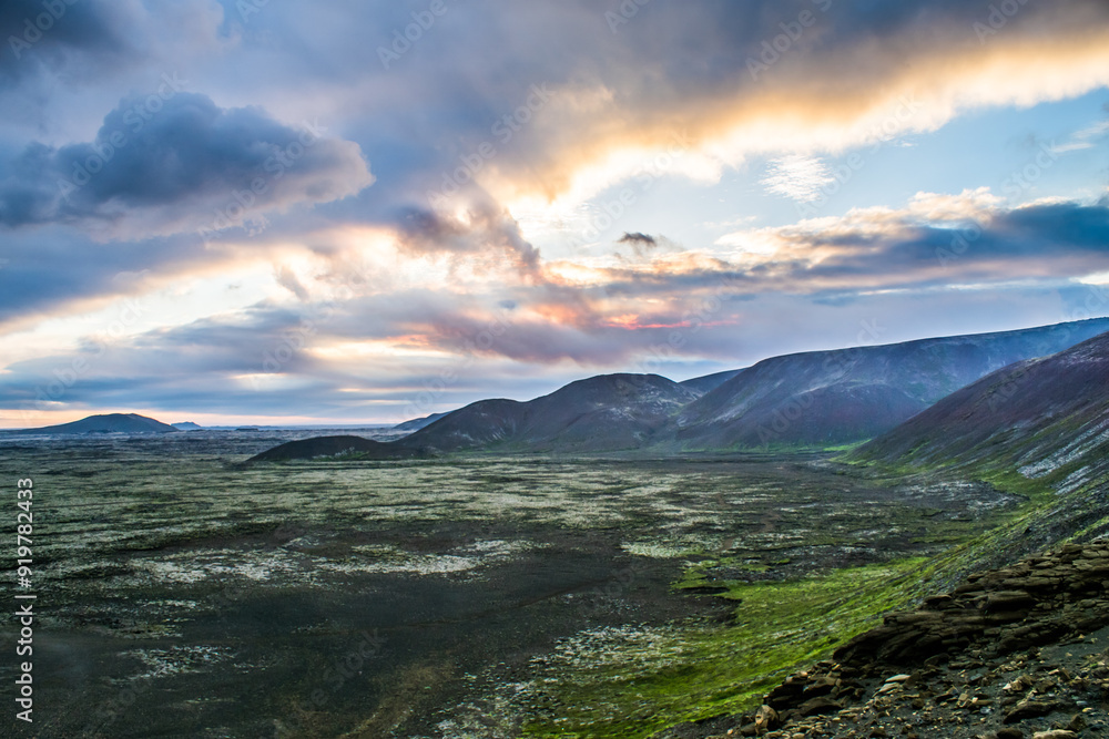 Naklejka premium volcano in Grindavik erupting and lava magma flowing to the hills of iceland
