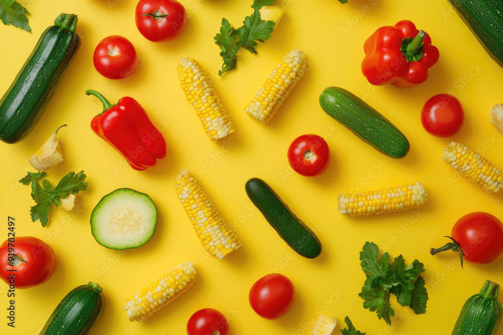 A vibrant mix of summer vegetables on a bold yellow background. A vibrant mix of summer vegetables on a bold yellow background.