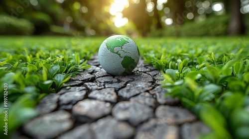 Fototapeta Naklejka Na Ścianę i Meble -  3D rendering of infinity environment concept. infinite earth land with green grass. Earth land with green grass on small green planet and blue sky background. ai generated