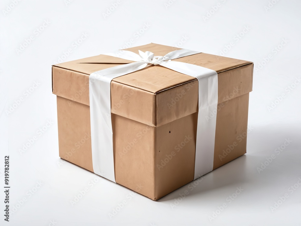 Brown box wrapped with white ribbon on a white background for special occasions Brown box wrapped with white ribbon on a white background for special occasions