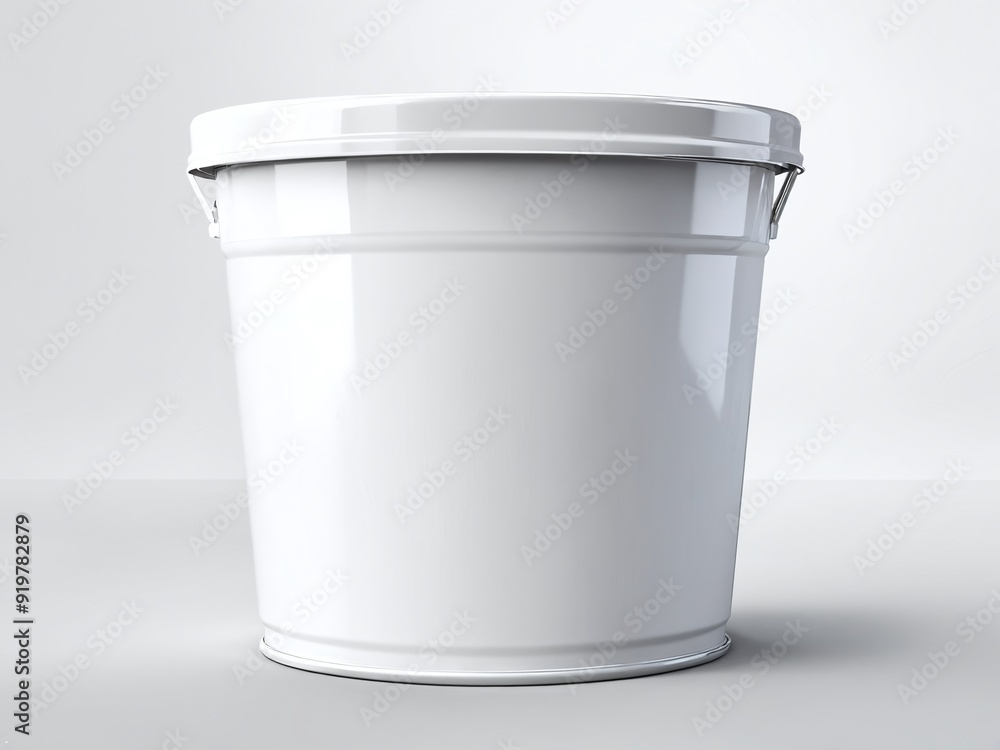 A clean, empty white bucket positioned on a plain background with soft lighting A clean, empty white bucket positioned on a plain background with soft lighting