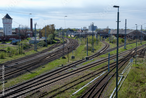 Obraz na płótnie Railway outdoors on beautiful summer day. Industrial landscape with rails and railway. w salonie