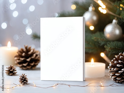 Blank book displayed on a festive table surrounded by candles and pinecones