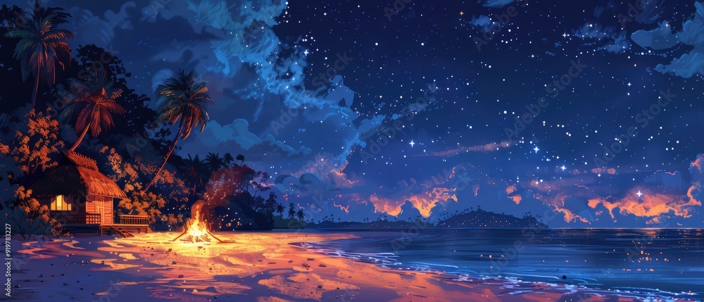 Campfire on a beach under a starry sky. Campfire on a beach under a starry sky.
