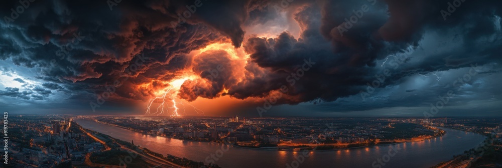 A panoramic view of the storm with dark clouds and lightning, a river in the foreground. A panoramic view of the storm with dark clouds and lightning, a river in the foreground.