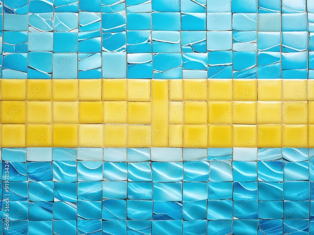 Naklejka premium Colorful mosaic art display featuring blue and yellow tiles in creative arrangement