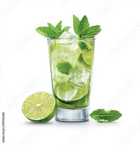 mojito cocktail with ice cubes, mint leaves and lime cut in half