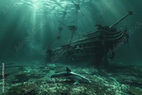 Shipwreck Beneath the Sea - 3D Render of Nautical Disaster with Dolphins photo