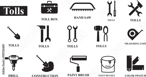 Construction Icon set. Construction tolls, crane excavator, build icon set in fill style. high quality business icon set of industry 