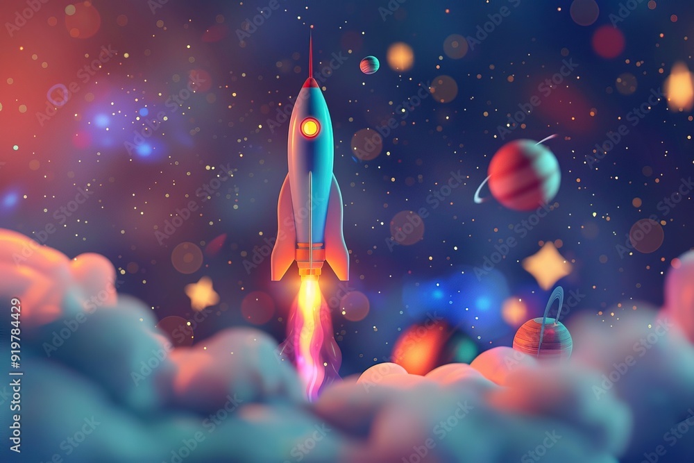 cartoon illustration of a rocket taking off with flames and smoke in space among the stars and planets cartoon illustration of a rocket taking off with flames and smoke in space among the stars and planets