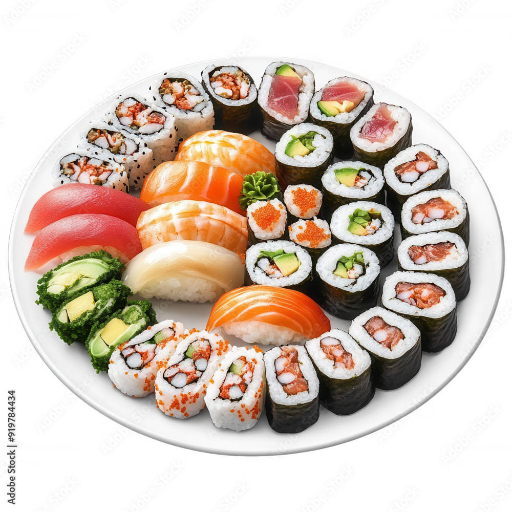 An artfully arranged platter of colorful sushi including various rolls and sashimi, transparent background An artfully arranged platter of colorful sushi including various rolls and sashimi, transparent background