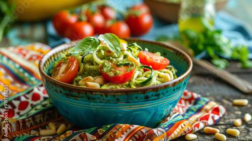 a Whole30-compliant zoodle (zucchini noodles) bowl, topped with pesto, cherry tomatoes, and pine nuts, on a rustic wooden table with a colorful napkin  photo