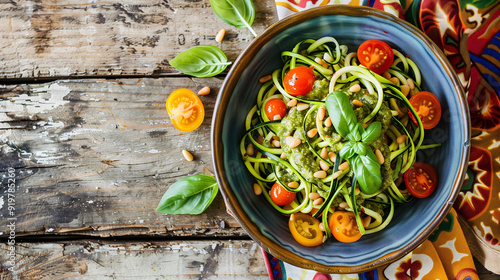 a Whole30-compliant zoodle (zucchini noodles) bowl, topped with pesto, cherry tomatoes, and pine nuts, on a rustic wooden table with a colorful napkin  photo