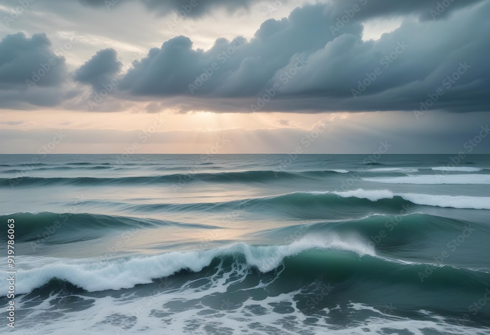 A serene ocean landscape with calm, rippling waves reflecting the warm, pastel-colored sky and bright sun in the distance A serene ocean landscape with calm, rippling waves reflecting the warm, pastel-colored sky and bright sun in the distance