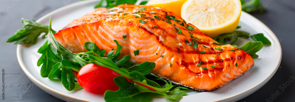 gourmet grilled salmon with greens and lemon perfect for restaurant website banners nutritionist blogs and luxury dining promotional materials highlighting premium seafood dishes and healthy eating gourmet grilled salmon with greens and lemon perfect for restaurant website banners nutritionist blogs and luxury dining promotional materials highlighting premium seafood dishes and healthy eating