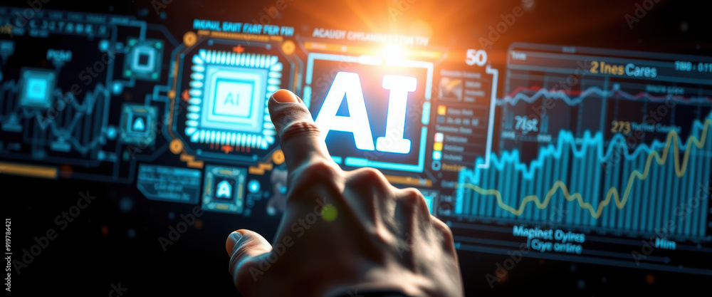 Fototapeta premium AI Technology Futuristic Digital Interface, hand touching AI on a digital screen.