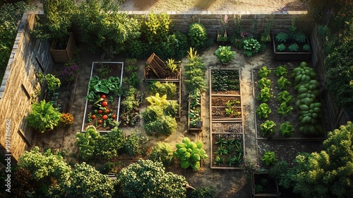 Aerial view of a lush backyard vegetable garden with multiple raised beds and a variety of plants thriving in the sunlight.
