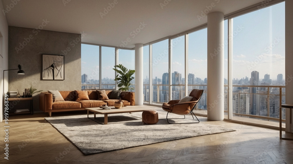 Fototapeta premium modern open living room with panoramic view and floor-to-ceiling windows