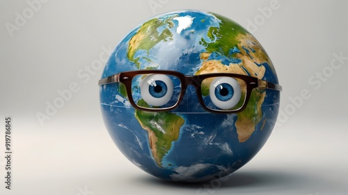 Earth globe with eyes wearing glasses on white background, world sight day concept, copy space photo