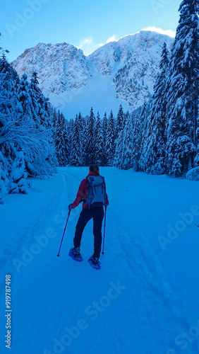 Woman walking in snow shoes with panoramic view of snow capped mountain peak Bielschitza in Karawanks, Bärental, Carinthia, Austria. Ski touring in winter wonderland in the Austrian Alps on sunny day photo