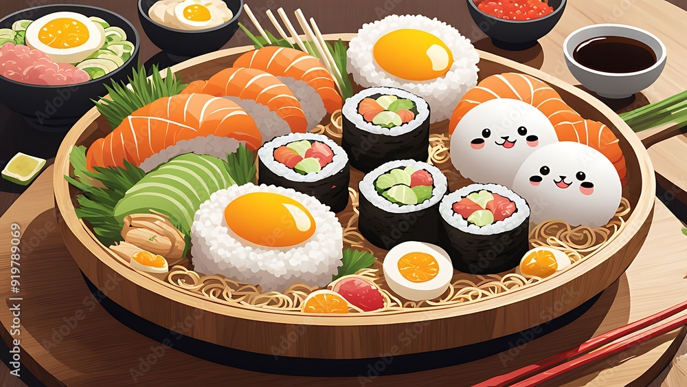 寿司 食べ物 イラスト 各プレートは柔らかいパステルカラーの背景に、明るい色と細かい装飾が施されたかわいい顔が描かれています。 寿司 食べ物 イラスト 各プレートは柔らかいパステルカラーの背景に、明るい色と細かい装飾が施されたかわいい顔が描かれています。