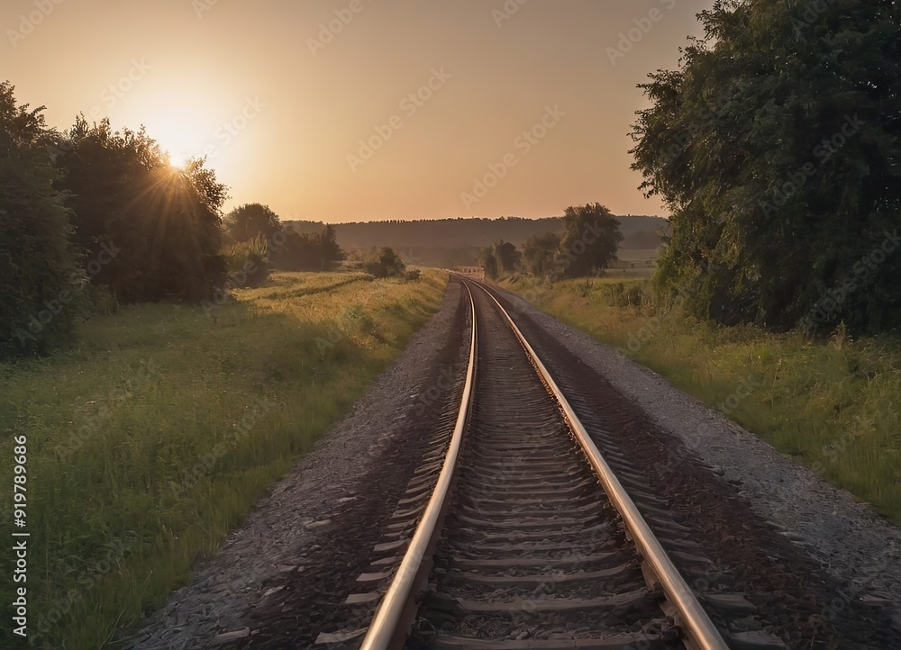 Fototapeta premium The sun is slowly setting behind the distant train tracks in view