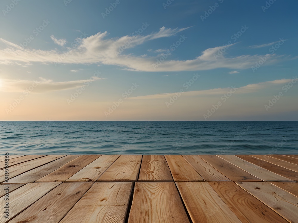 Fototapeta premium Wooden floor or plank on sand beach in summer. For product display.Calm Sea and Blue Sky Background.
