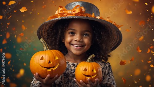 happy african american little girl with pumpkin