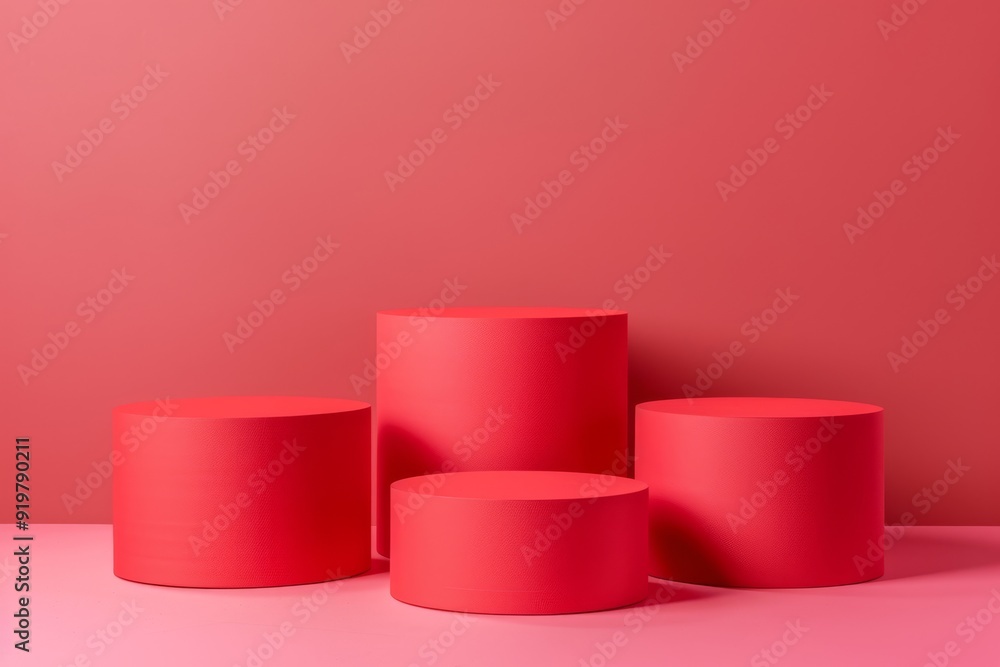 Four vibrant red cylindrical podiums are elegantly arranged against a beautifully matching backdrop, creating a stylish and visually appealing platform for showcasing various products or art pieces Four vibrant red cylindrical podiums are elegantly arranged against a beautifully matching backdrop, creating a stylish and visually appealing platform for showcasing various products or art pieces