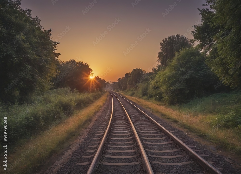 Fototapeta premium The sun is slowly setting behind the distant train tracks in view