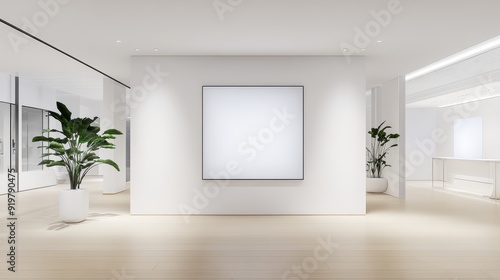 A minimalist gallery space featuring a blank canvas, enhancing the beauty of simplicity with elegant plants and bright lighting.