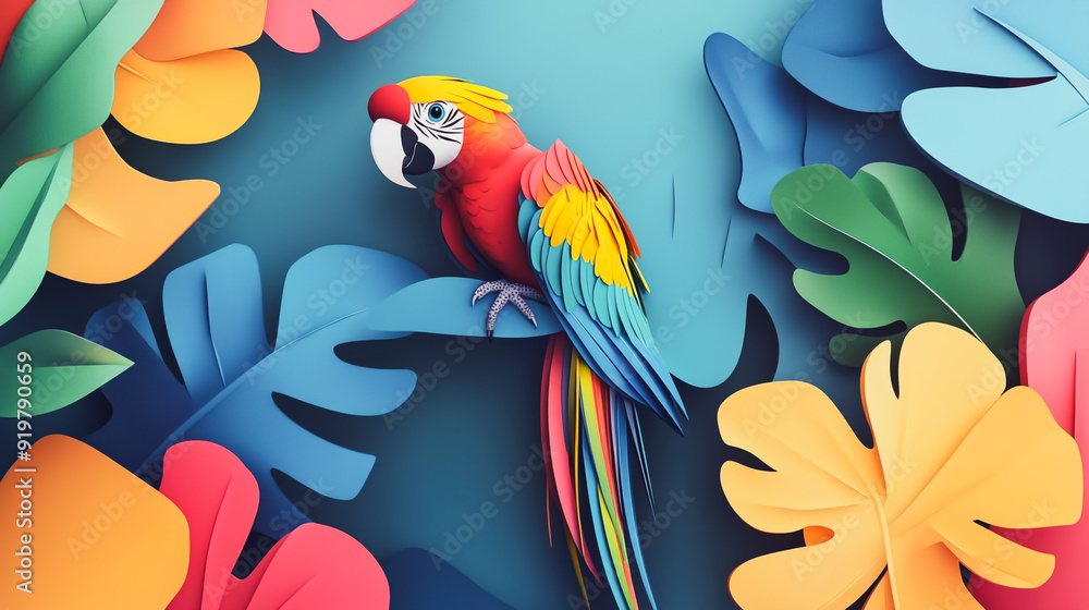 Obraz premium Abstract white background with pastel colorful 3D abstract background overlap layer on dark space with parrot decoration. Modern graphic design element motion style concept for banner, flyer, card
