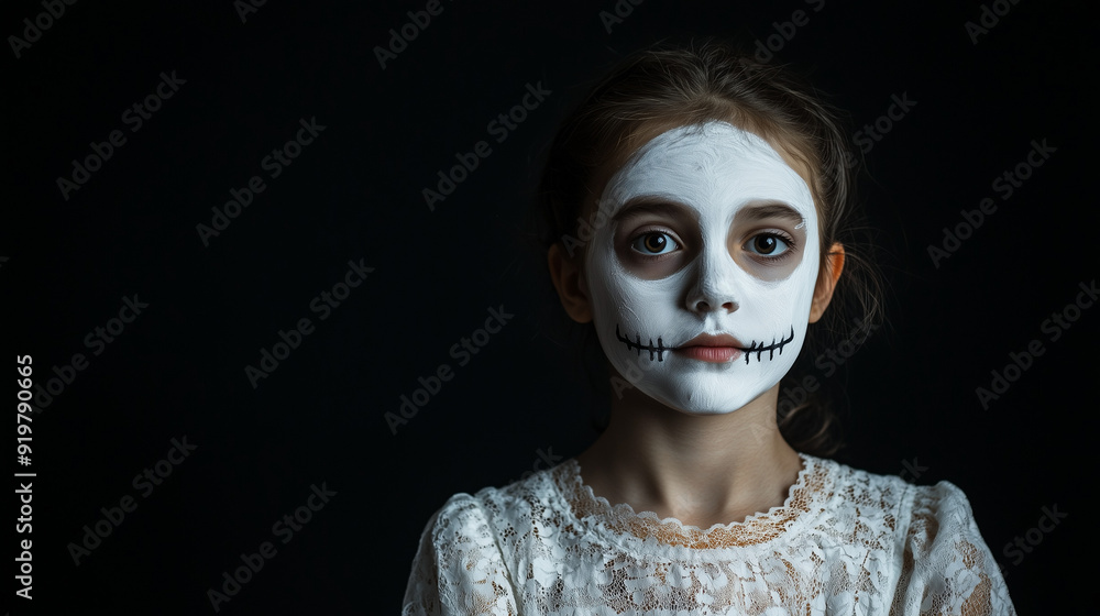 Young Girl with Skull Face Paint in White Lace Dress for Halloween Young Girl with Skull Face Paint in White Lace Dress for Halloween