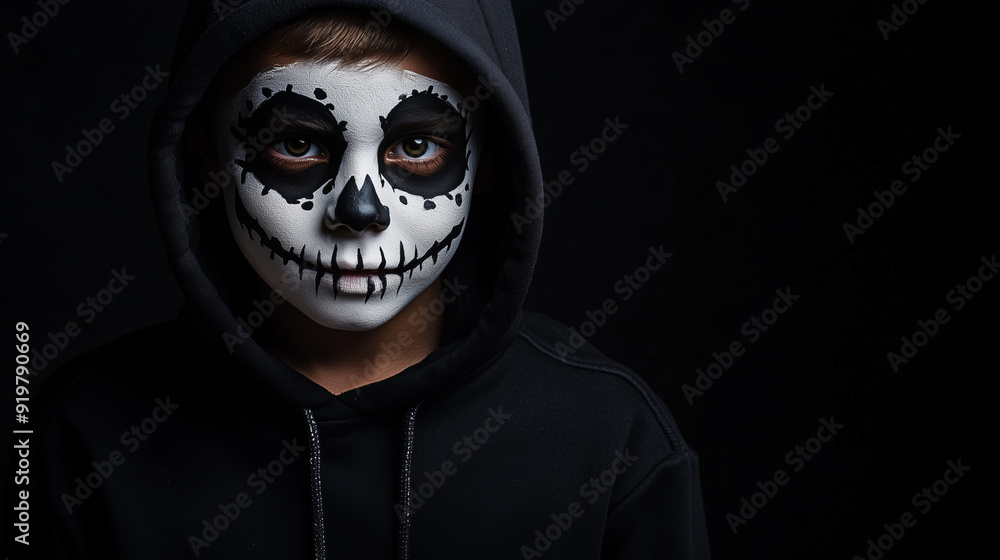 Young Boy in Skull Face Paint Wearing Black Hoodie for Halloween Young Boy in Skull Face Paint Wearing Black Hoodie for Halloween